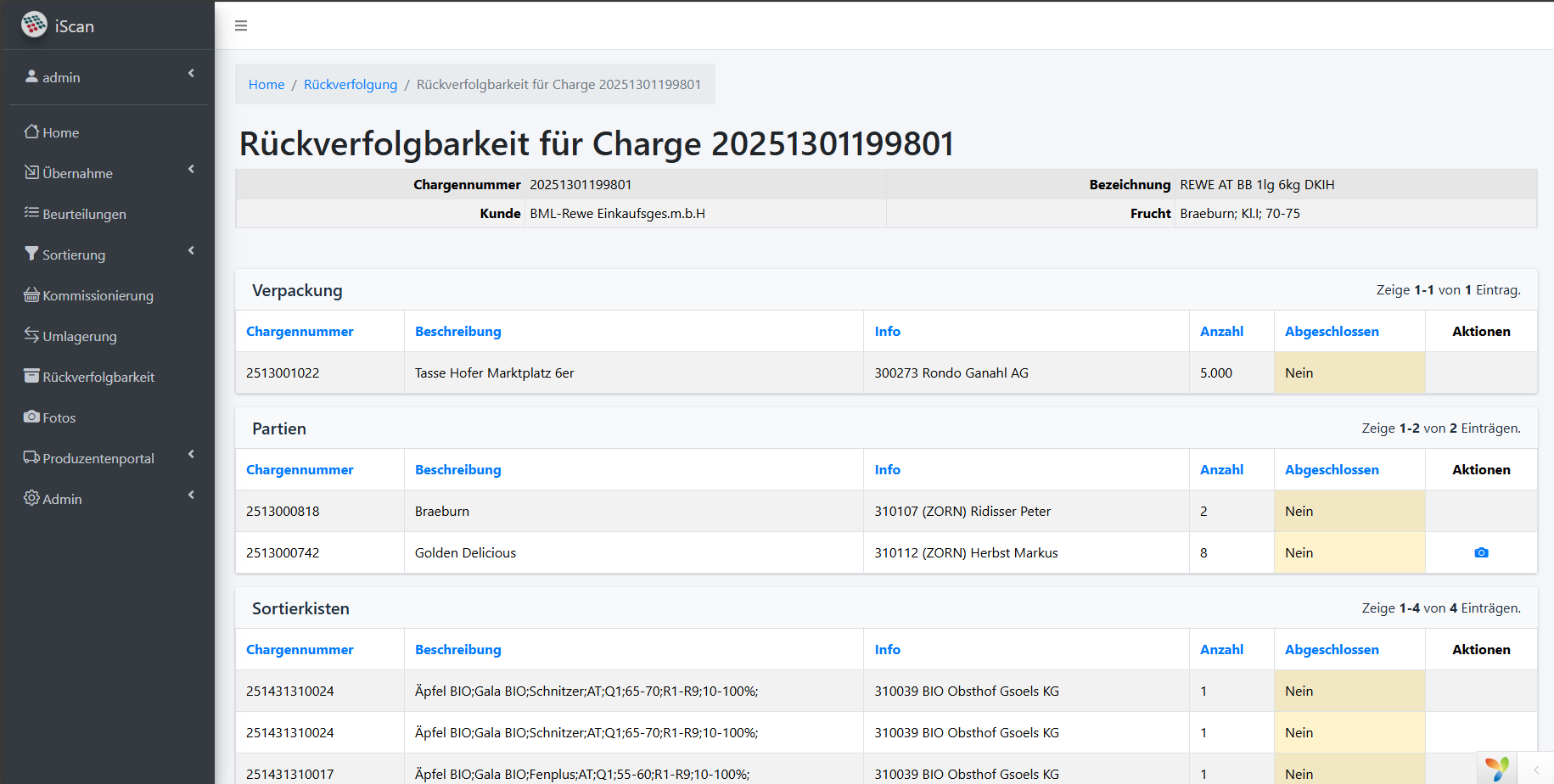 Web-Ansicht der Rückverfolgbarkeit
